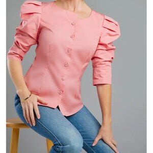 Seragyi Size 6 Pink Martina Blouse 3/4 Puffed Ruffle Sleeves NWT